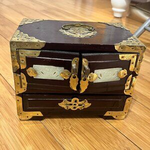 Vintage Chinese-Inspired Wooden Jewelry Box W/ Brass & Mother-Of-Pearl Inlay